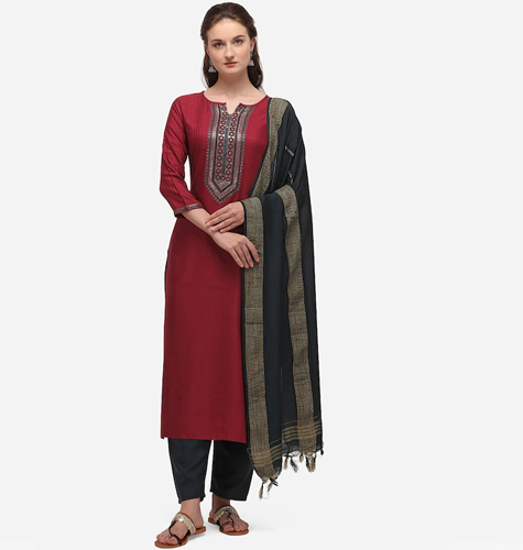 Women Maroon & Navy Blue Yoke Design Kurta with Salwar & Dupatta